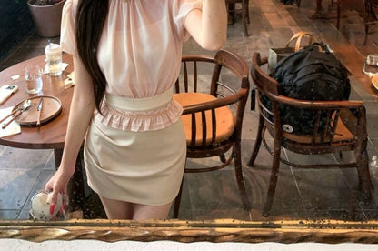 Puff Short Sleeve Stand Collar Plain Ruffle Blouse / Crop Camisole Top / High Waist Plain Ruched Mini Pencil Skirt / Set