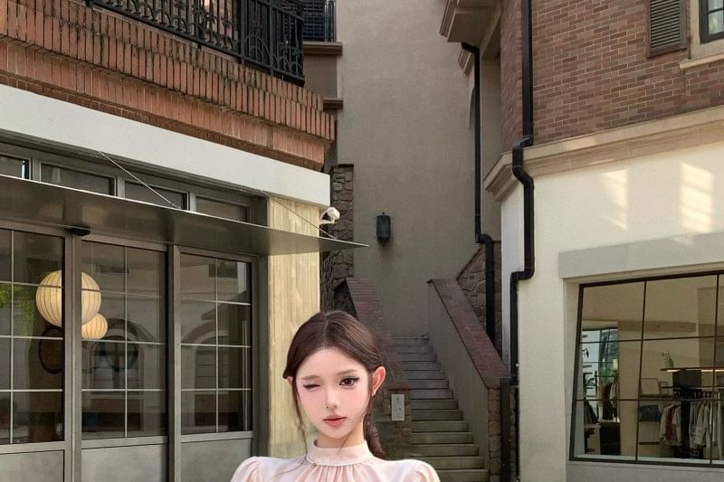 Puff Short Sleeve Stand Collar Plain Ruffle Blouse / Crop Camisole Top / High Waist Plain Ruched Mini Pencil Skirt / Set