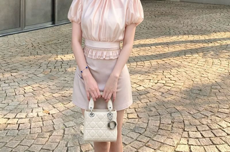 Puff Short Sleeve Stand Collar Plain Ruffle Blouse / Crop Camisole Top / High Waist Plain Ruched Mini Pencil Skirt / Set