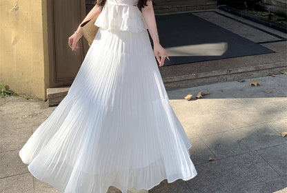 Halter Plain Ruffle Panel Lace Top / High Waist Pleated Tiered Maxi A-Line Skirt