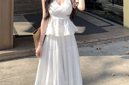 Halter Plain Ruffle Panel Lace Top / High Waist Pleated Tiered Maxi A-Line Skirt