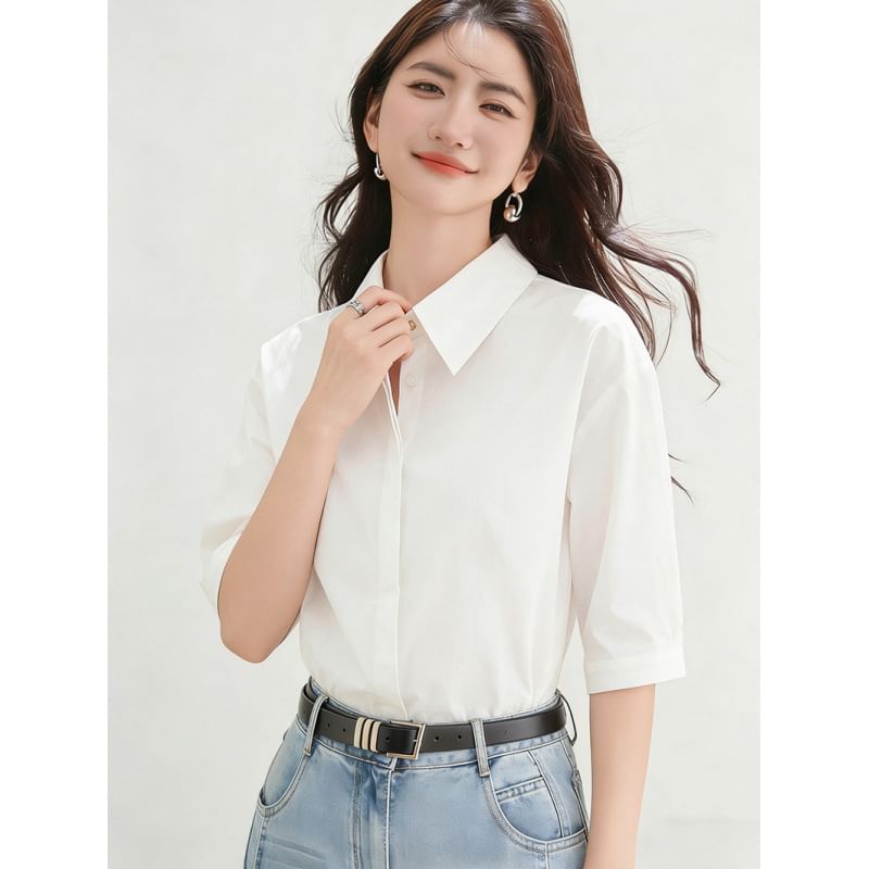 Elbow Sleeve Button-Down Solid Shirt