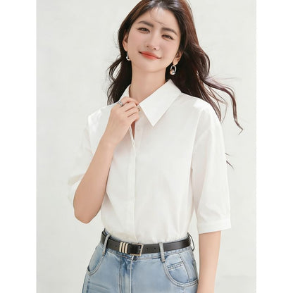 Elbow Sleeve Button-Down Solid Shirt