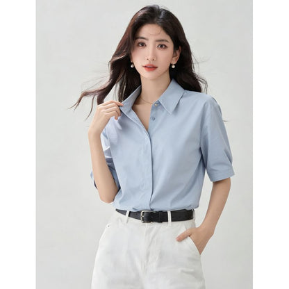 Elbow Sleeve Button-Down Solid Shirt