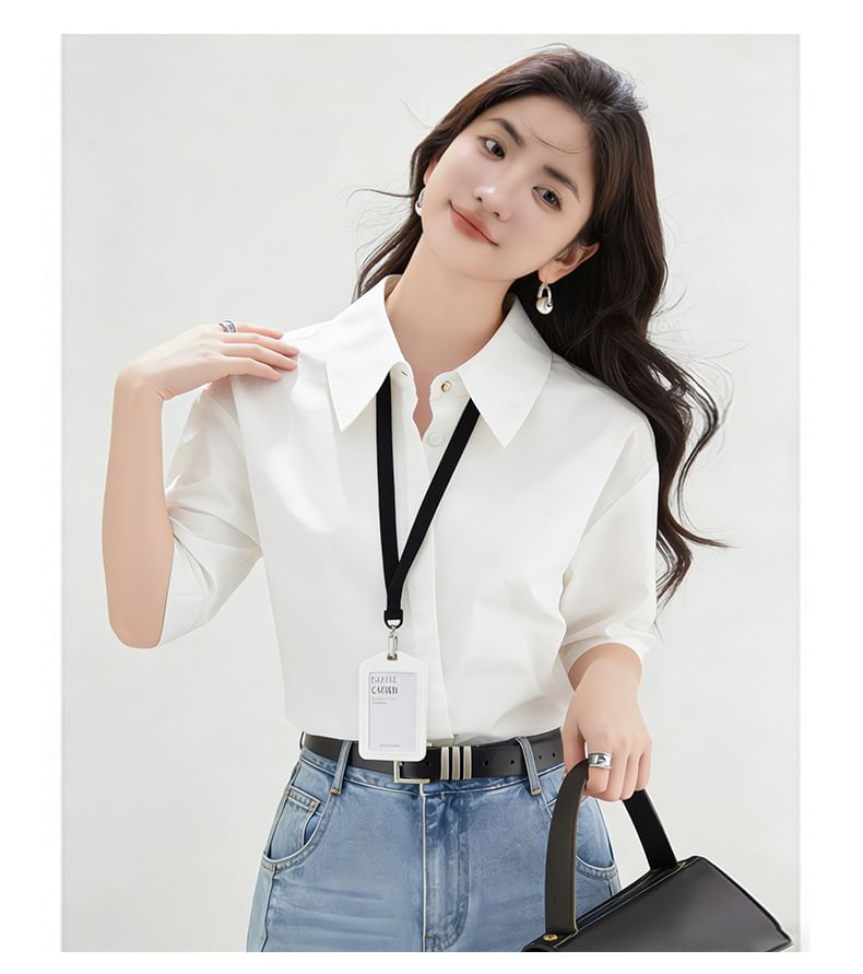 Elbow Sleeve Button-Down Solid Shirt