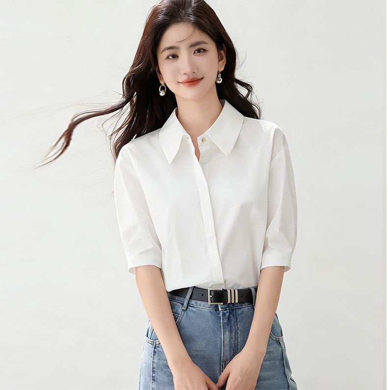 Elbow Sleeve Button-Down Solid Shirt