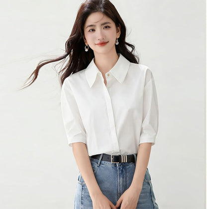 Elbow Sleeve Button-Down Solid Shirt