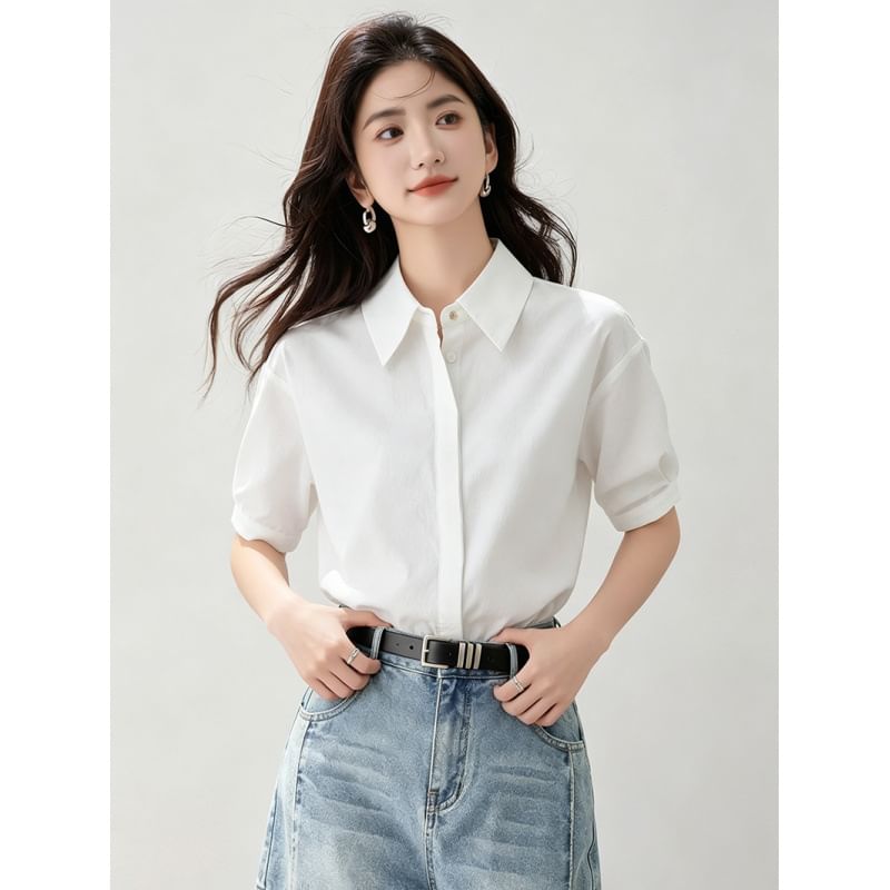 Elbow Sleeve Button-Down Solid Shirt