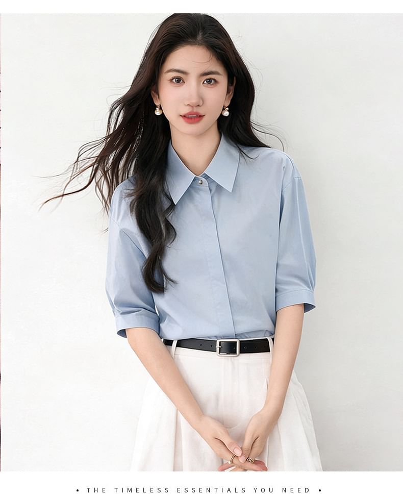 Elbow Sleeve Button-Down Solid Shirt