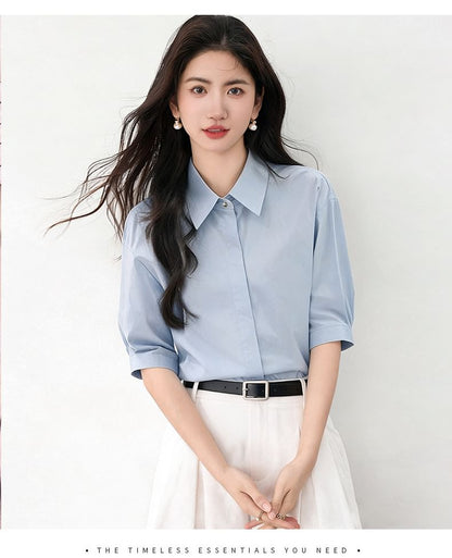 Elbow Sleeve Button-Down Solid Shirt