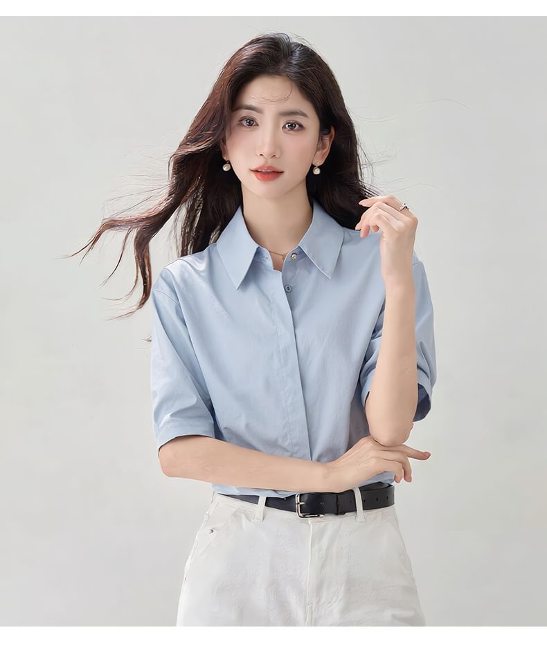 Elbow Sleeve Button-Down Solid Shirt