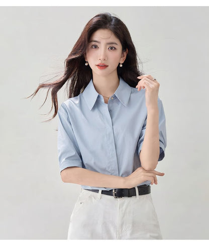 Elbow Sleeve Button-Down Solid Shirt
