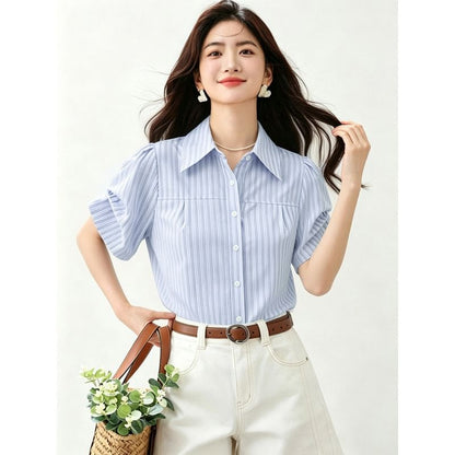 Short Sleeve Button-Down Striped Blouse