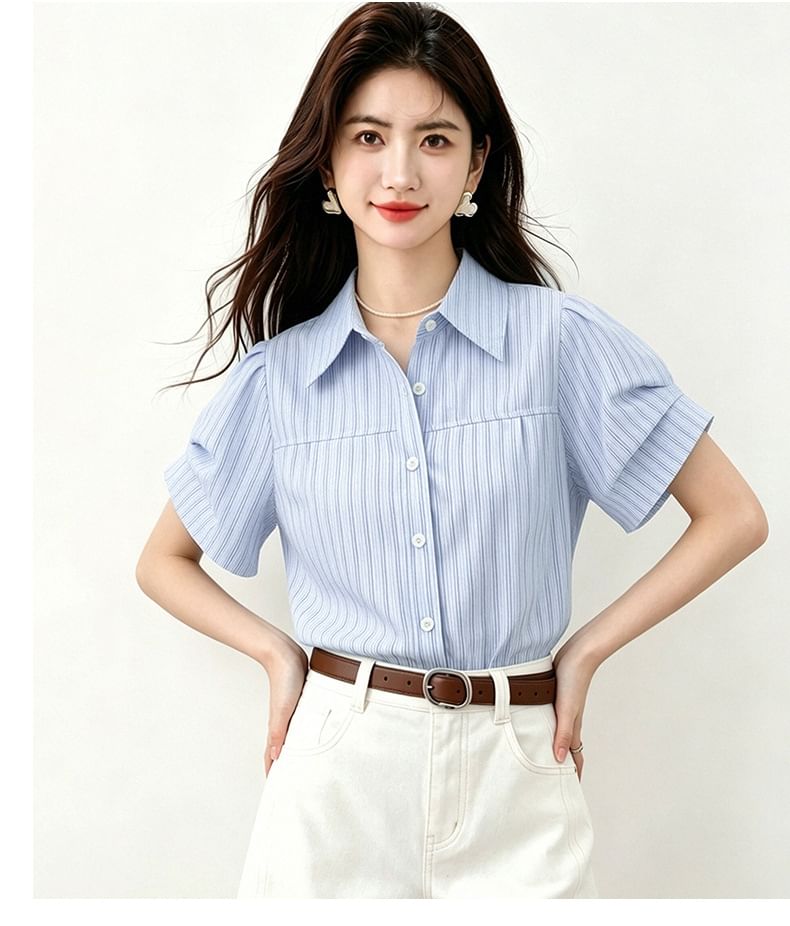 Short Sleeve Button-Down Striped Blouse