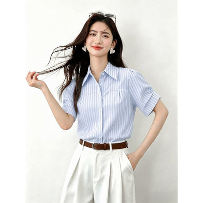Short Sleeve Button-Down Striped Blouse