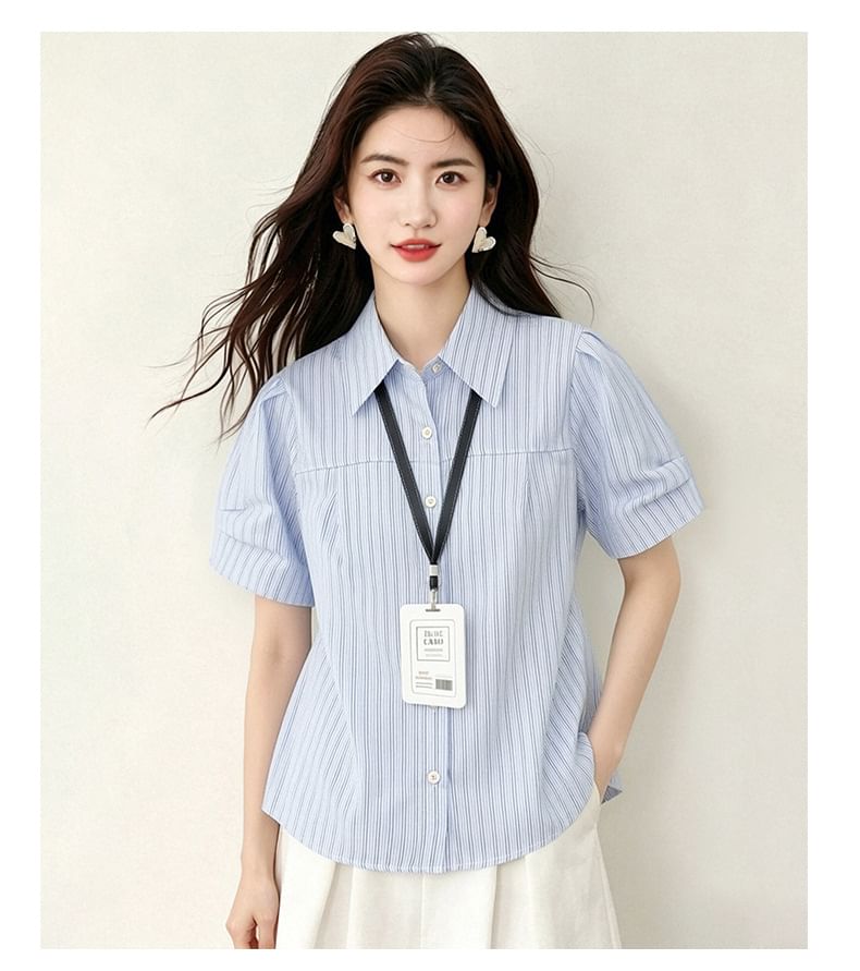 Short Sleeve Button-Down Striped Blouse