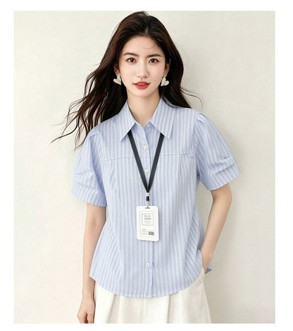 Short Sleeve Button-Down Striped Blouse