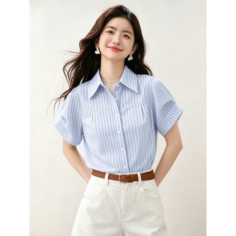 Short Sleeve Button-Down Striped Blouse