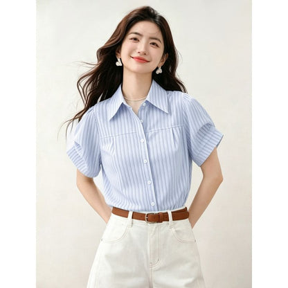 Short Sleeve Button-Down Striped Blouse