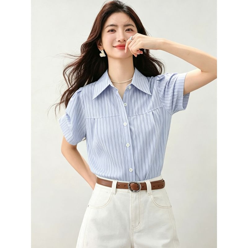 Short Sleeve Button-Down Striped Blouse