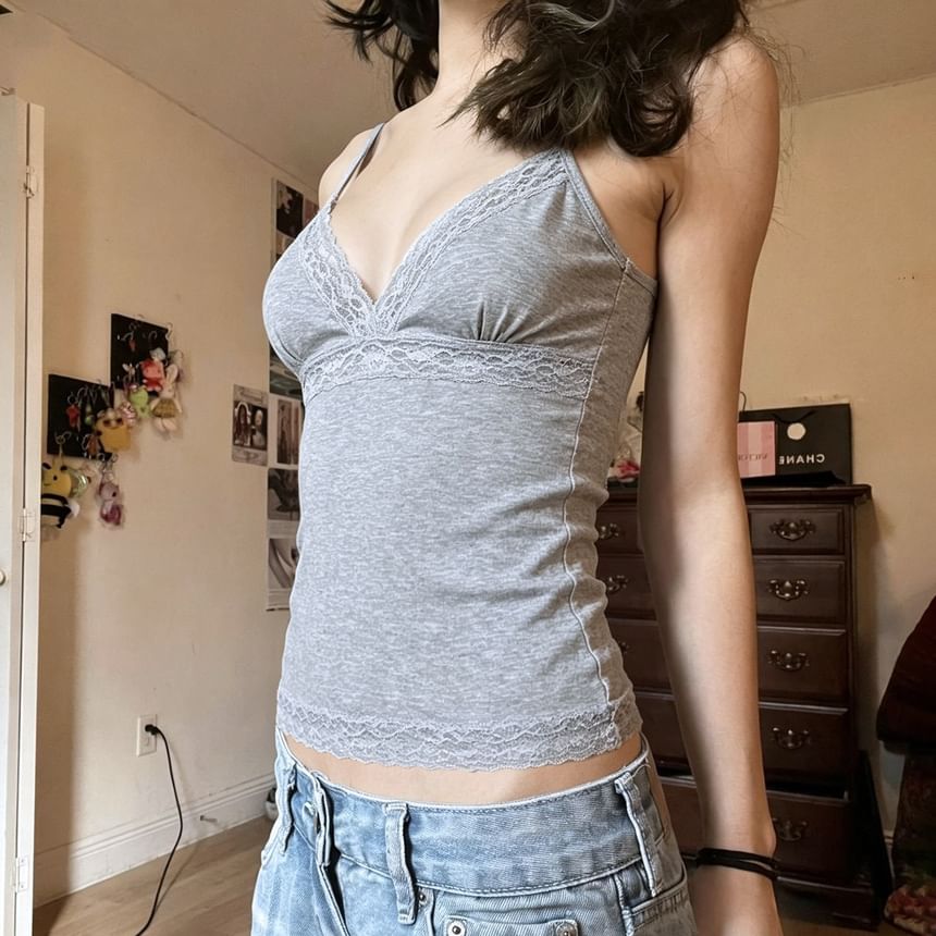 Lace-Trim Slim-Fit V-Neck Camisole Top