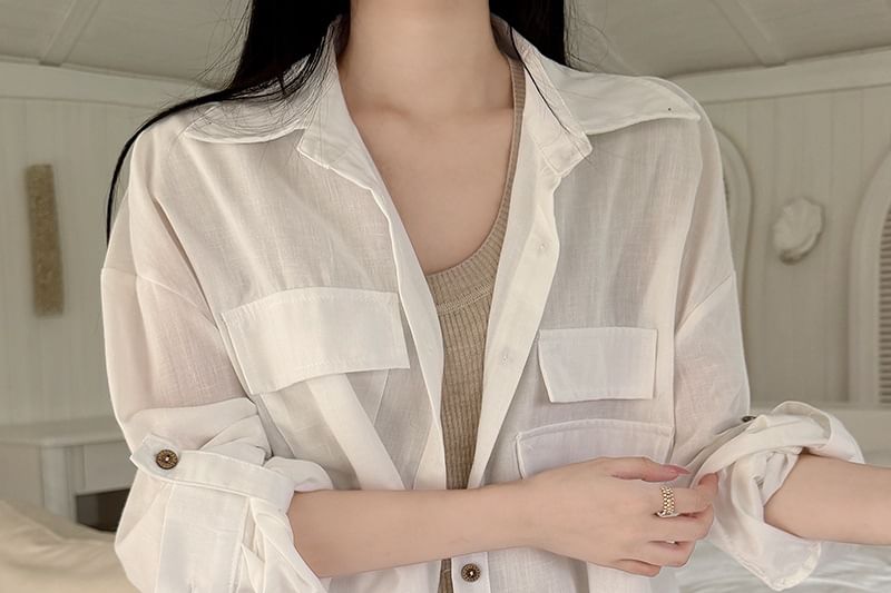 Drop Shoulder Long Sleeve Sheer Shirt