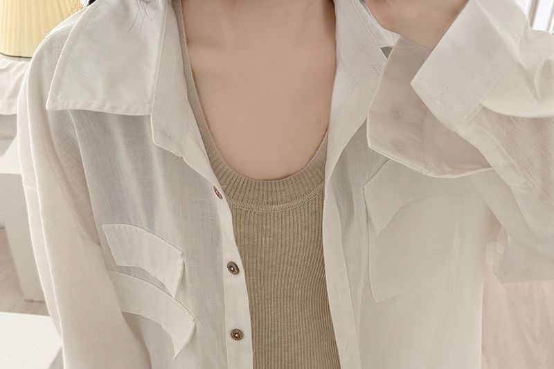 Drop Shoulder Long Sleeve Sheer Shirt