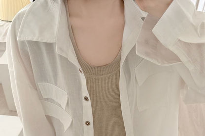 Drop Shoulder Long Sleeve Sheer Shirt