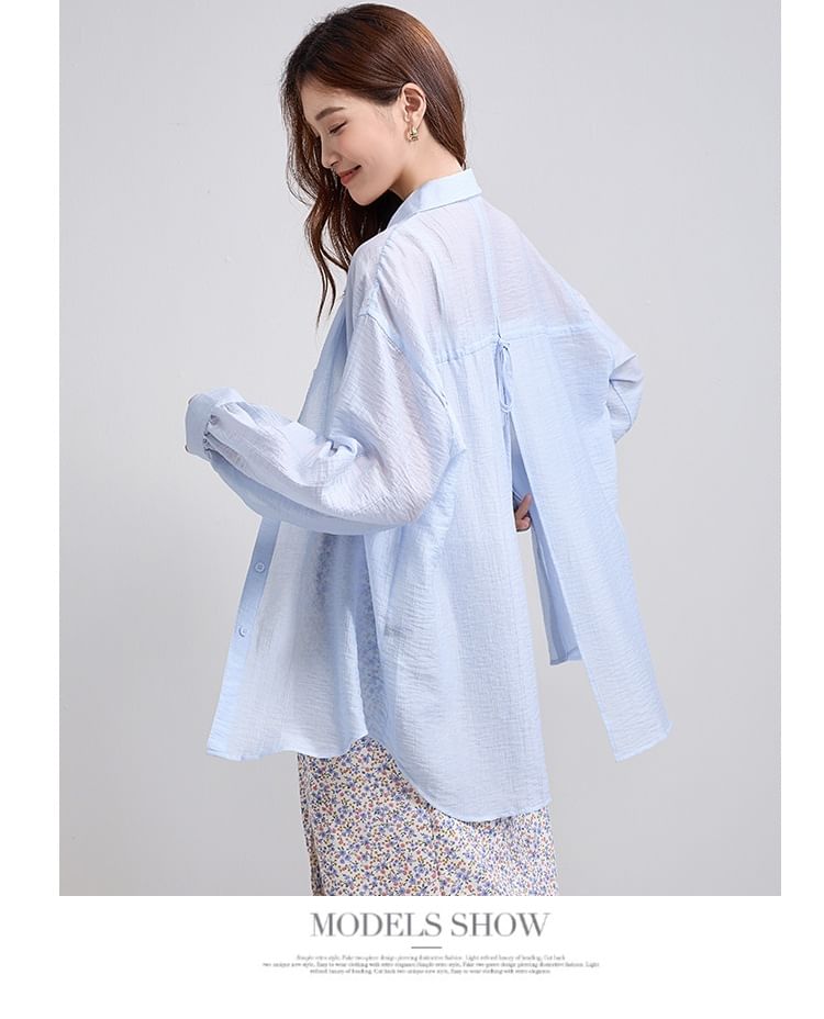 Long Sleeve Back Slit Plain Shirt