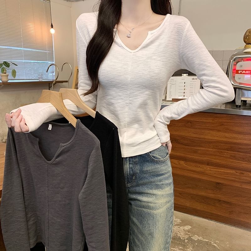 Notch Neck Long Sleeve Solid T-Shirt