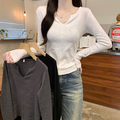 Notch Neck Long Sleeve Solid T-Shirt