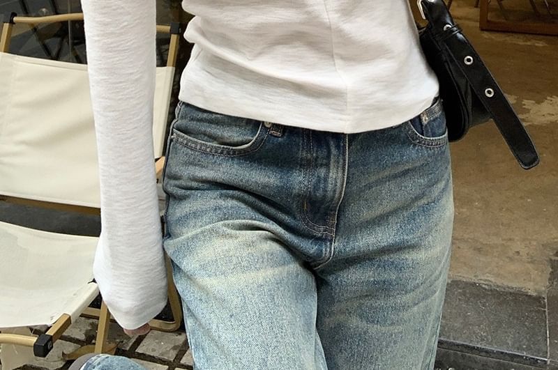 Notch Neck Long Sleeve Solid T-Shirt