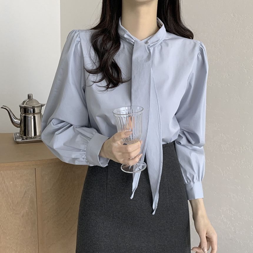 Puff Sleeve Tie Neck Solid Blouse