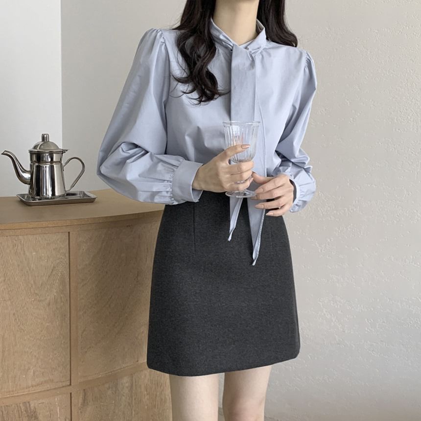 Puff Sleeve Tie Neck Solid Blouse
