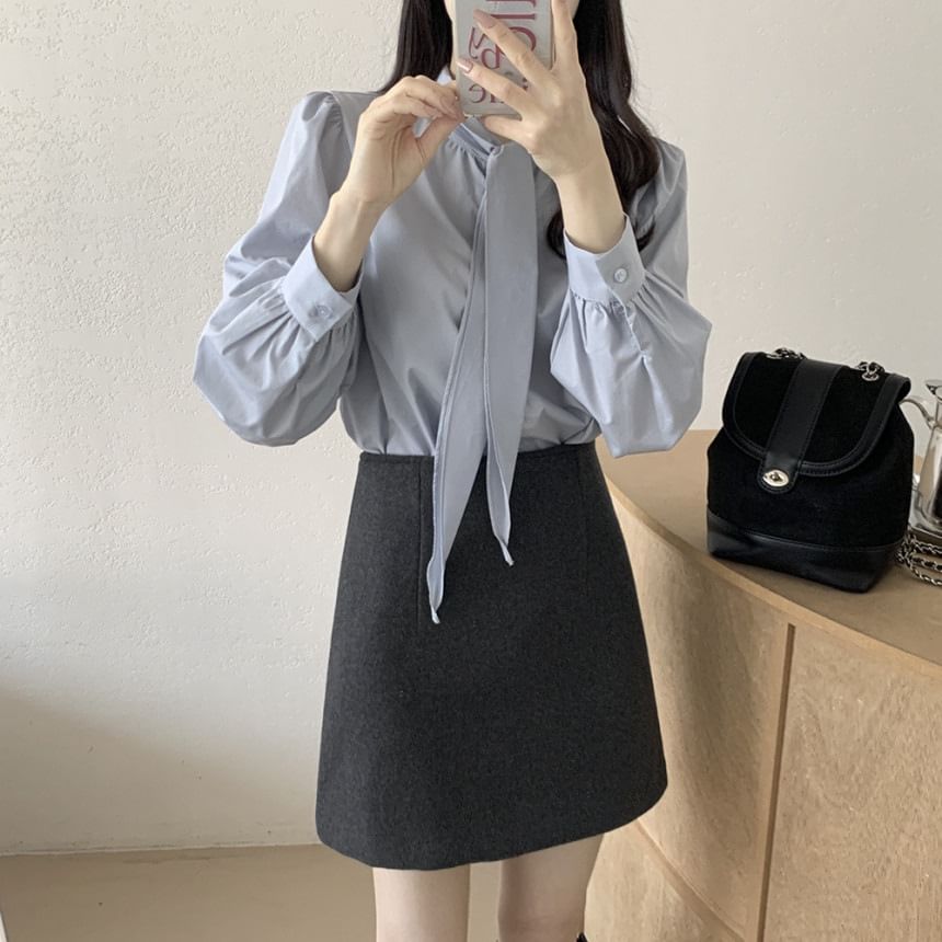 Puff Sleeve Tie Neck Solid Blouse