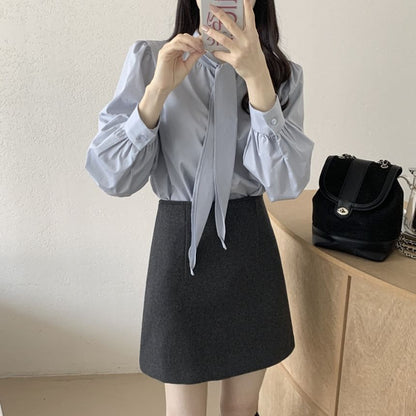 Puff Sleeve Tie Neck Solid Blouse