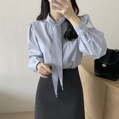 Puff Sleeve Tie Neck Solid Blouse