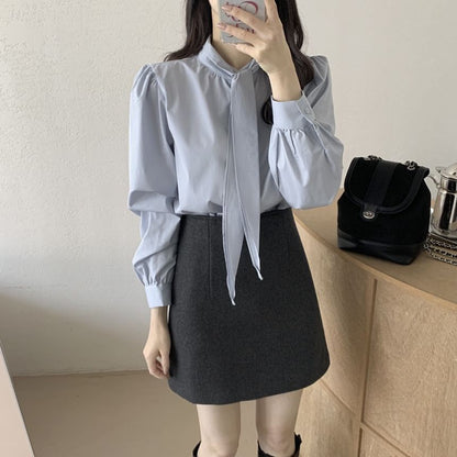 Puff Sleeve Tie Neck Solid Blouse