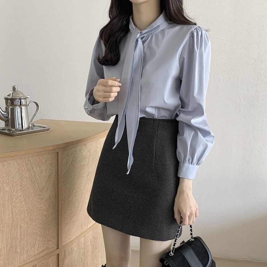 Puff Sleeve Tie Neck Solid Blouse