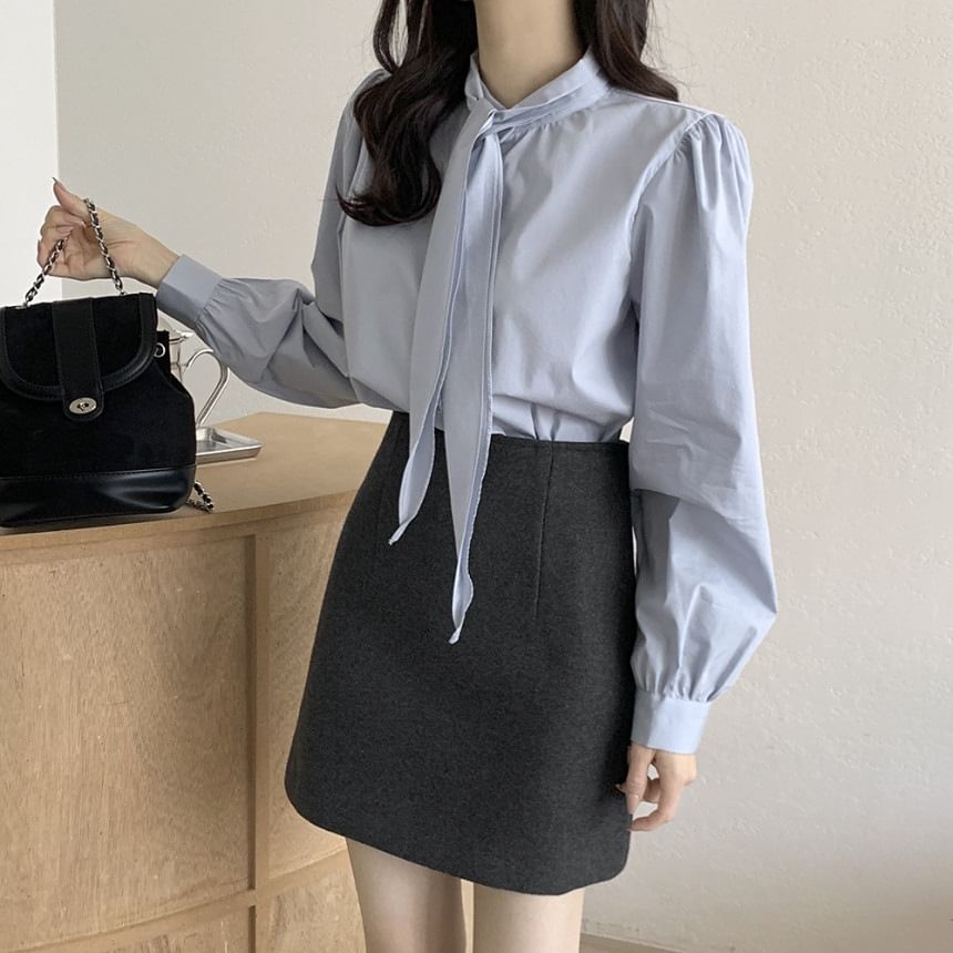 Puff Sleeve Tie Neck Solid Blouse