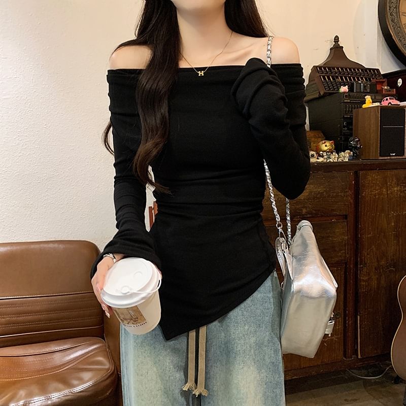 Flared Sleeve Asymmetrical Off Shoulder Top