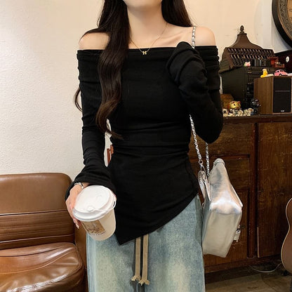 Flared Sleeve Asymmetrical Off Shoulder Top