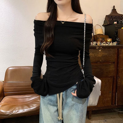 Flared Sleeve Asymmetrical Off Shoulder Top