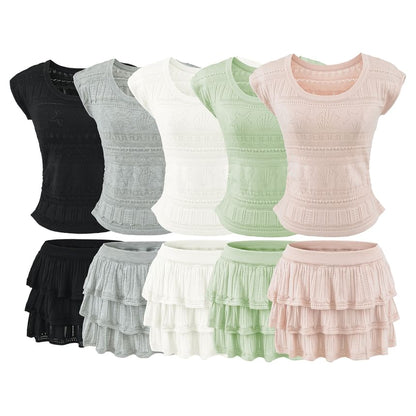 Two Piece Set: Pointelle Knit Top and High Waist Mini Tiered Skirt