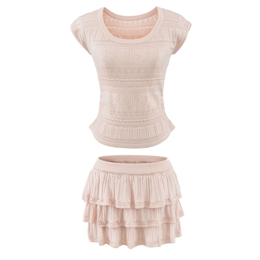 Two Piece Set: Pointelle Knit Top and High Waist Mini Tiered Skirt