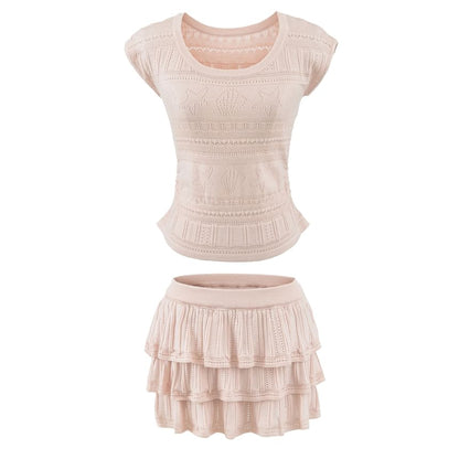 Two Piece Set: Pointelle Knit Top and High Waist Mini Tiered Skirt