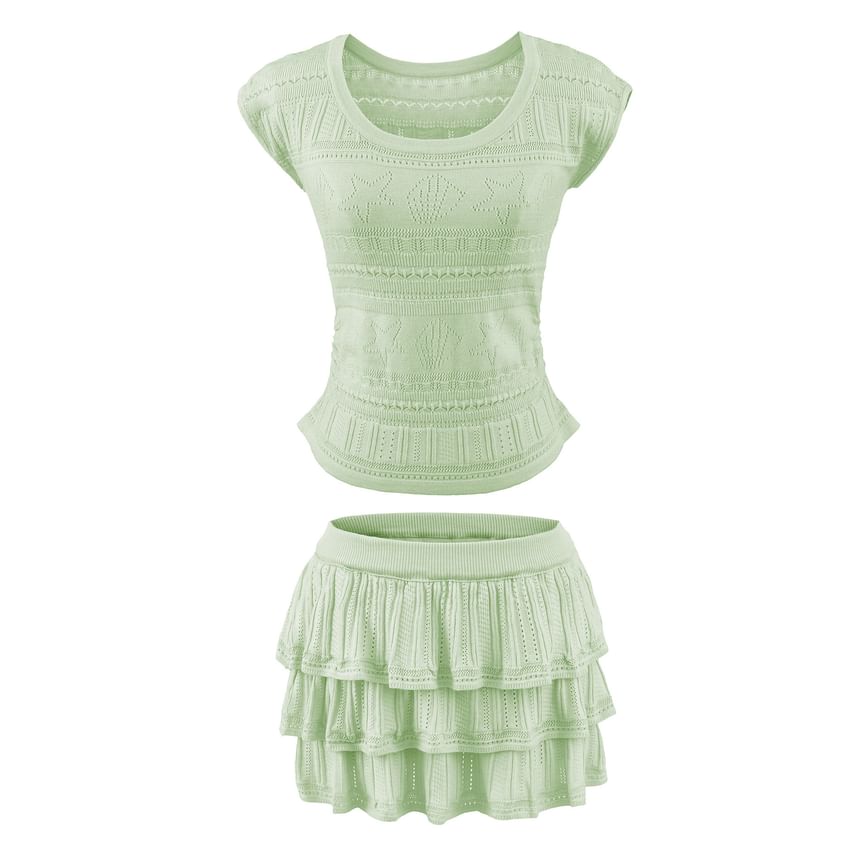 Two Piece Set: Pointelle Knit Top and High Waist Mini Tiered Skirt