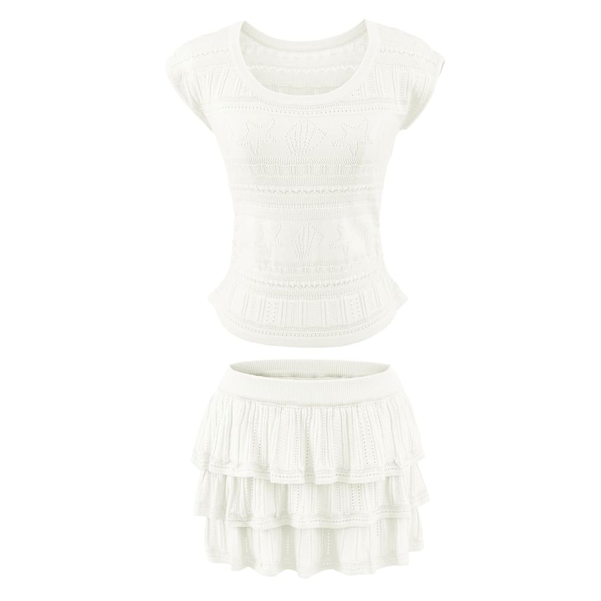 Two Piece Set: Pointelle Knit Top and High Waist Mini Tiered Skirt