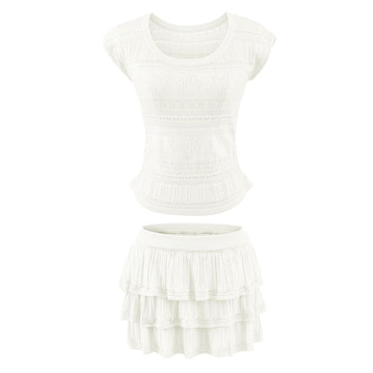 Two Piece Set: Pointelle Knit Top and High Waist Mini Tiered Skirt