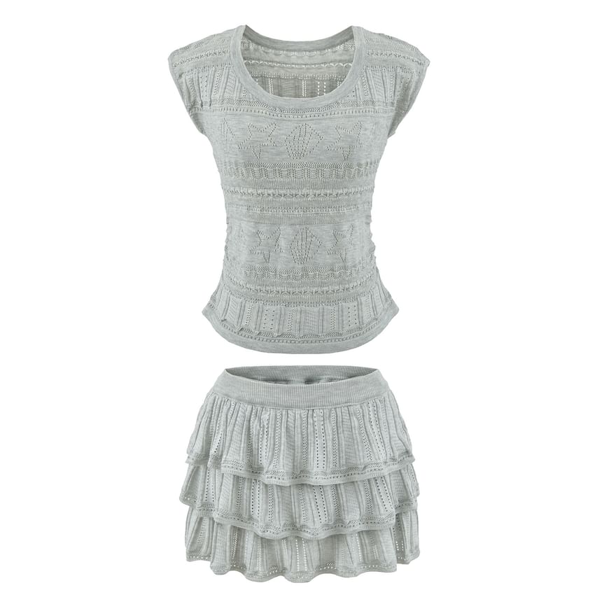 Two Piece Set: Pointelle Knit Top and High Waist Mini Tiered Skirt
